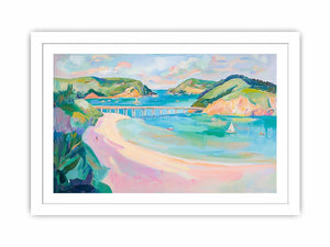 Pastel coastal landscape artwork with sailboats and bay views for bright beach house decor