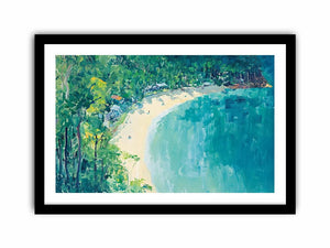 Coastal cove painting with turquoise water and lush greenery for modern living room decor