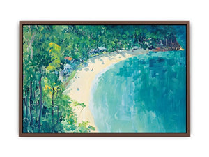 Coastal cove painting with turquoise water and lush greenery for modern living room decor