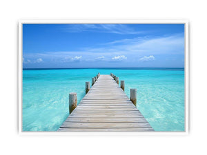 Wooden pier over turquoise ocean water for coastal living room wall decor