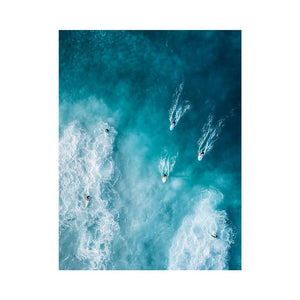 Aerial ocean surfers artwork with turquoise waves for modern coastal wall decor