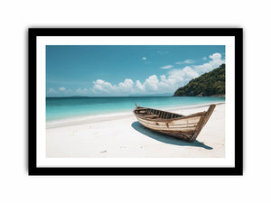 Weathered wooden boat on tropical beach with turquoise ocean for coastal living room decor