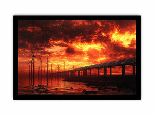 Wind turbines and solar panels beneath dramatic red sunset sky for modern office decor