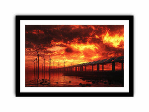 Wind turbines and solar panels beneath dramatic red sunset sky for modern office decor
