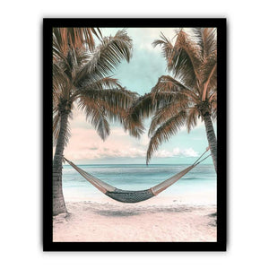 Hammock between palm trees overlooking ocean for peaceful coastal bedroom decor