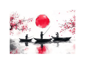 Asian watercolor fishermen artwork with cherry blossoms and red sun for elegant interiors