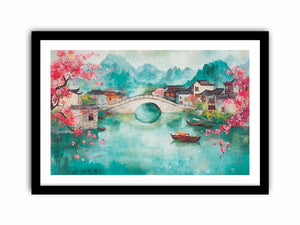 Pastel riverside village painting with bridge and blossoms for elegant living room decor