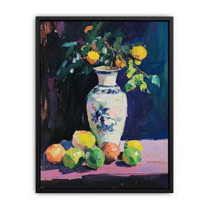 Expressive citrus still life painting with porcelain vase for kitchen and dining room decor