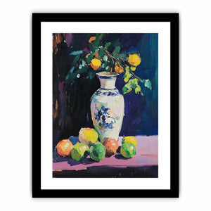 Expressive citrus still life painting with porcelain vase for kitchen and dining room decor