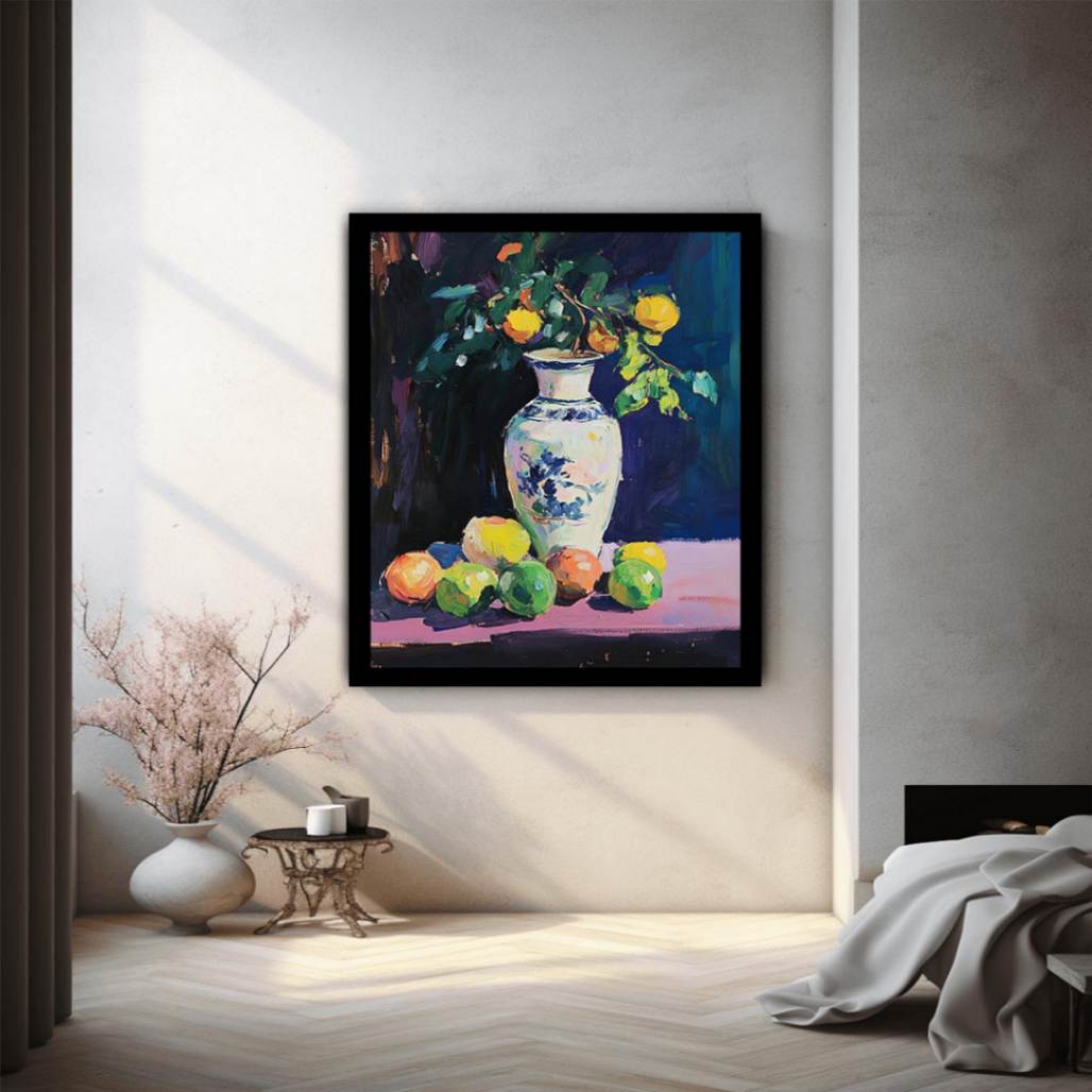 Expressive citrus still life painting with porcelain vase for kitchen and dining room decor
