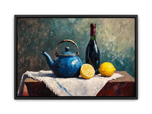 Blue teapot and lemons still life canvas art for kitchen and dining room decor