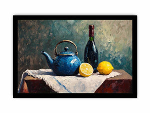 Blue teapot and lemons still life canvas art for kitchen and dining room decor