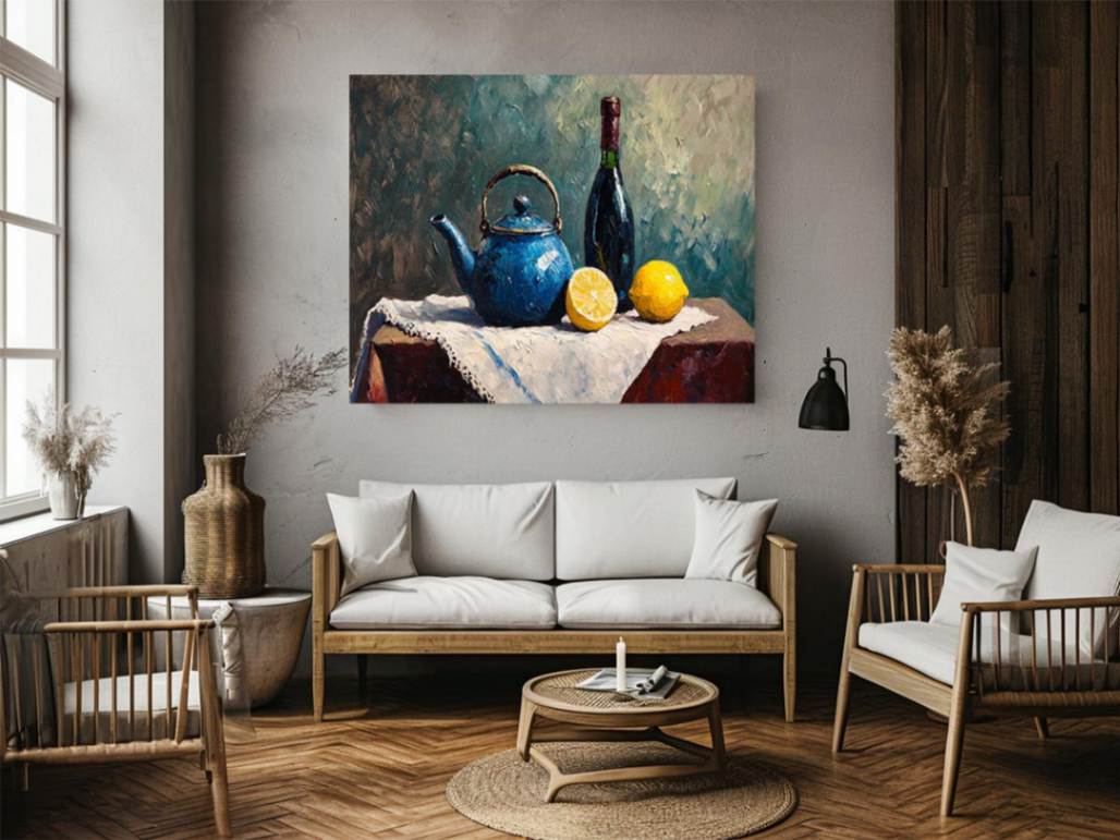 Blue teapot and lemons still life canvas art for kitchen and dining room decor