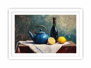 Blue teapot and lemons still life canvas art for kitchen and dining room decor