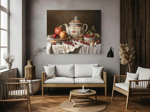 Classic still life artwork with porcelain teapot apples and cherries for elegant dining room decor