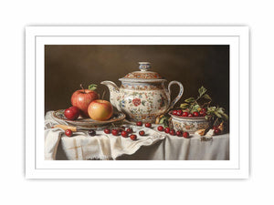 Classic still life artwork with porcelain teapot apples and cherries for elegant dining room decor