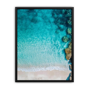 Aerial ocean shoreline artwork with turquoise water for coastal bedroom decor