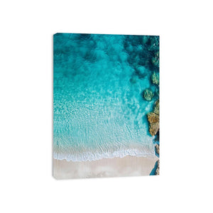 Aerial ocean shoreline artwork with turquoise water for coastal bedroom decor