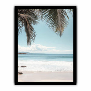 Minimal coastal ocean canvas art with palm leaves for bedroom decor