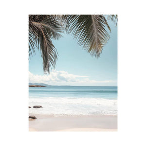 Minimal coastal ocean canvas art with palm leaves for bedroom decor