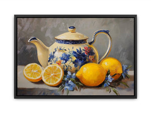 Floral teapot with lemons still life canvas art for kitchen decor