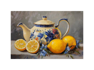 Floral teapot with lemons still life canvas art for kitchen decor