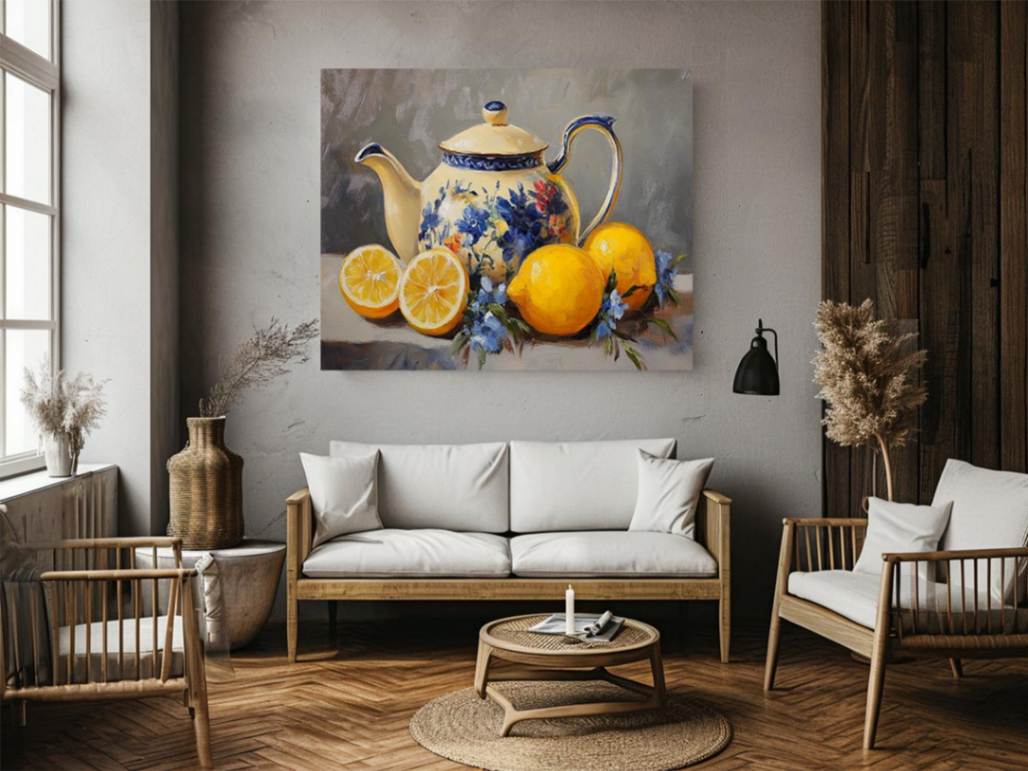 Floral teapot with lemons still life canvas art for kitchen decor
