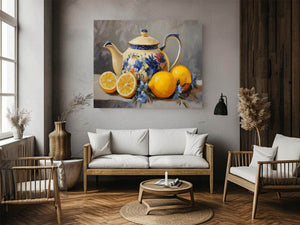 Floral teapot with lemons still life canvas art for kitchen decor