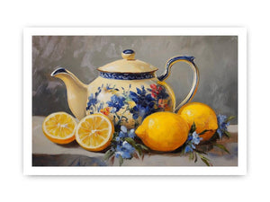 Floral teapot with lemons still life canvas art for kitchen decor