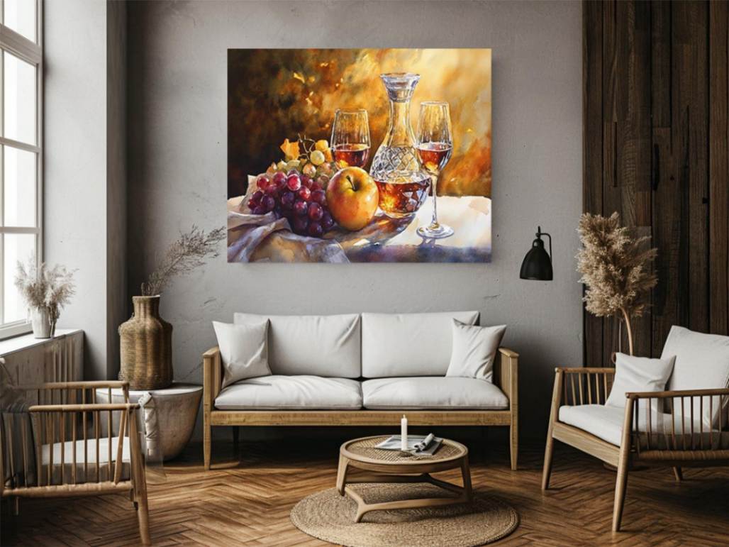 Elegant decanter and wine glass still life artwork for home bar