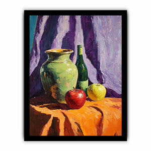 Colorful still life with apples pottery and bottle canvas art