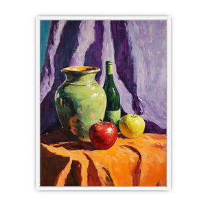 Colorful still life with apples pottery and bottle canvas art