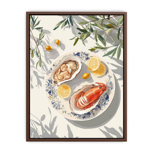 Coastal seafood illustration with lobster oysters and lemons