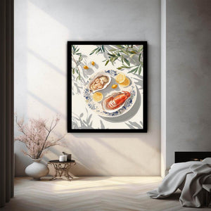 Coastal seafood illustration with lobster oysters and lemons