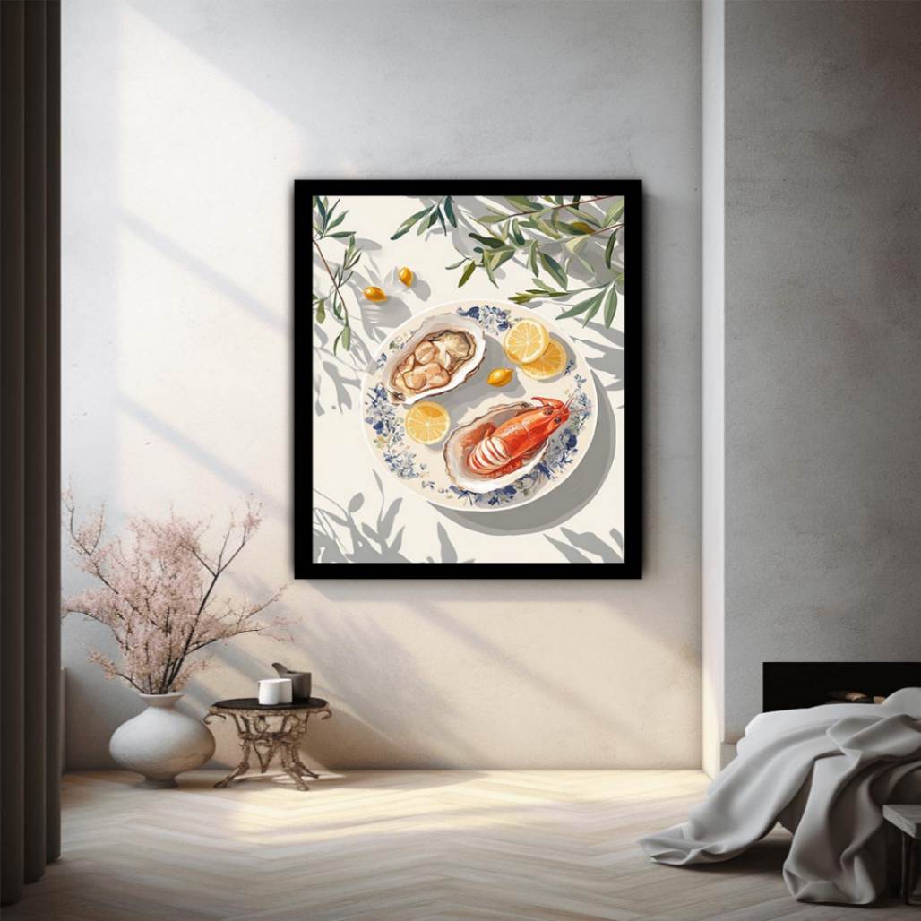 Coastal seafood illustration with lobster oysters and lemons