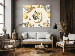 Elegant oyster still life artwork with lemon accents