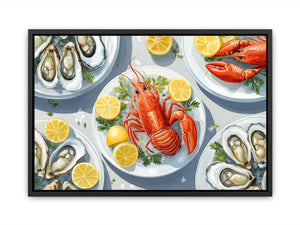 Lobster and oyster coastal artwork for dining room wall decor