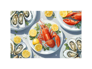 Lobster and oyster coastal artwork for dining room wall decor