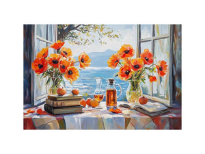 Orange floral window scene artwork for coastal living room decor