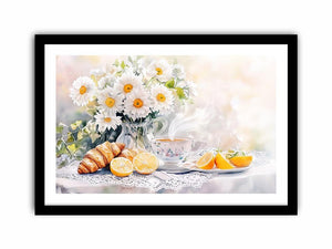 Watercolor daisies, lemons, teacup and croissants canvas for bright kitchen decor.