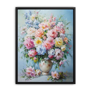 Pastel rose and peony floral canvas in ceramic vase for romantic bedroom decor.