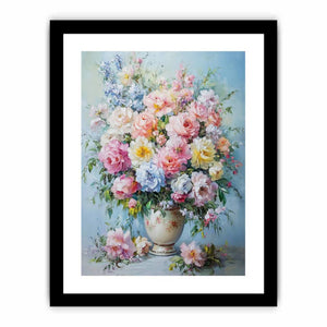 Pastel rose and peony floral canvas in ceramic vase for romantic bedroom decor.