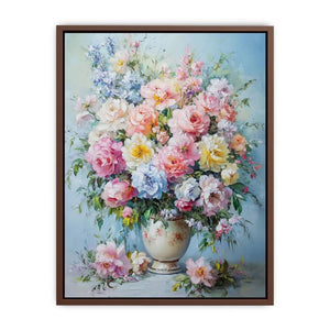 Pastel rose and peony floral canvas in ceramic vase for romantic bedroom decor.