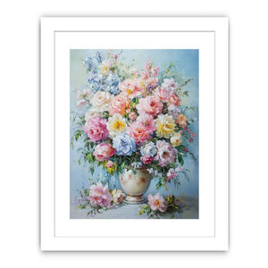 Pastel rose and peony floral canvas in ceramic vase for romantic bedroom decor.
