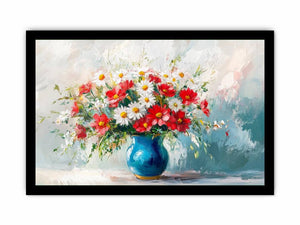 Bright red and white flower bouquet in blue vase canvas for modern living room decor.