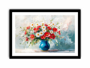 Bright red and white flower bouquet in blue vase canvas for modern living room decor.
