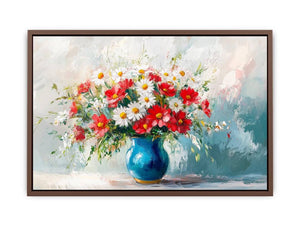 Bright red and white flower bouquet in blue vase canvas for modern living room decor.