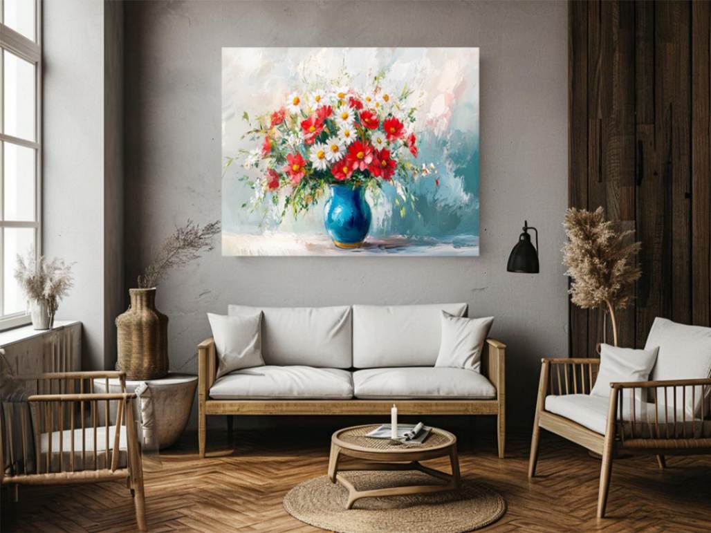 Bright red and white flower bouquet in blue vase canvas for modern living room decor.