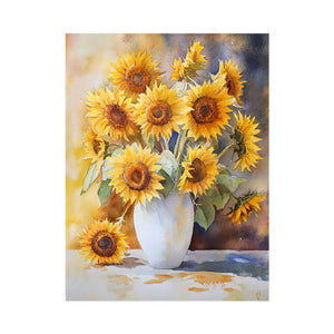 Watercolor sunflower bouquet in white vase canvas for warm farmhouse kitchen decor.