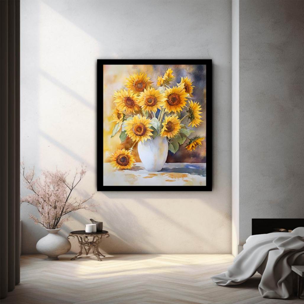 Watercolor sunflower bouquet in white vase canvas for warm farmhouse kitchen decor.